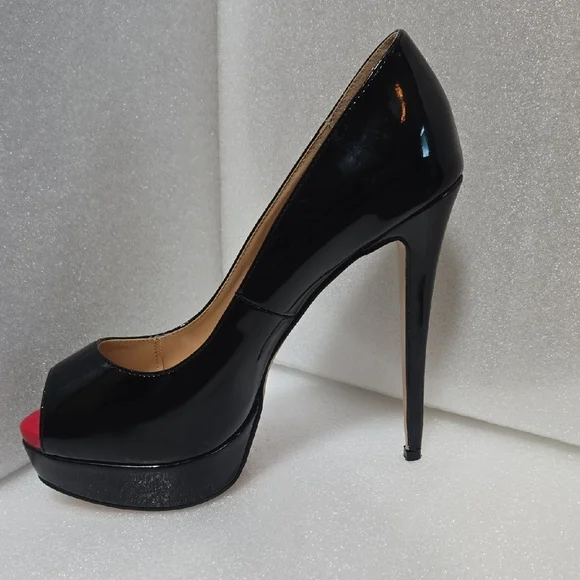 Marumote 6" SHINEY BLACK STILETTOS W/ RED PEEP VALENTINE'S DIVA 9.5 - Picture 13 of 17
